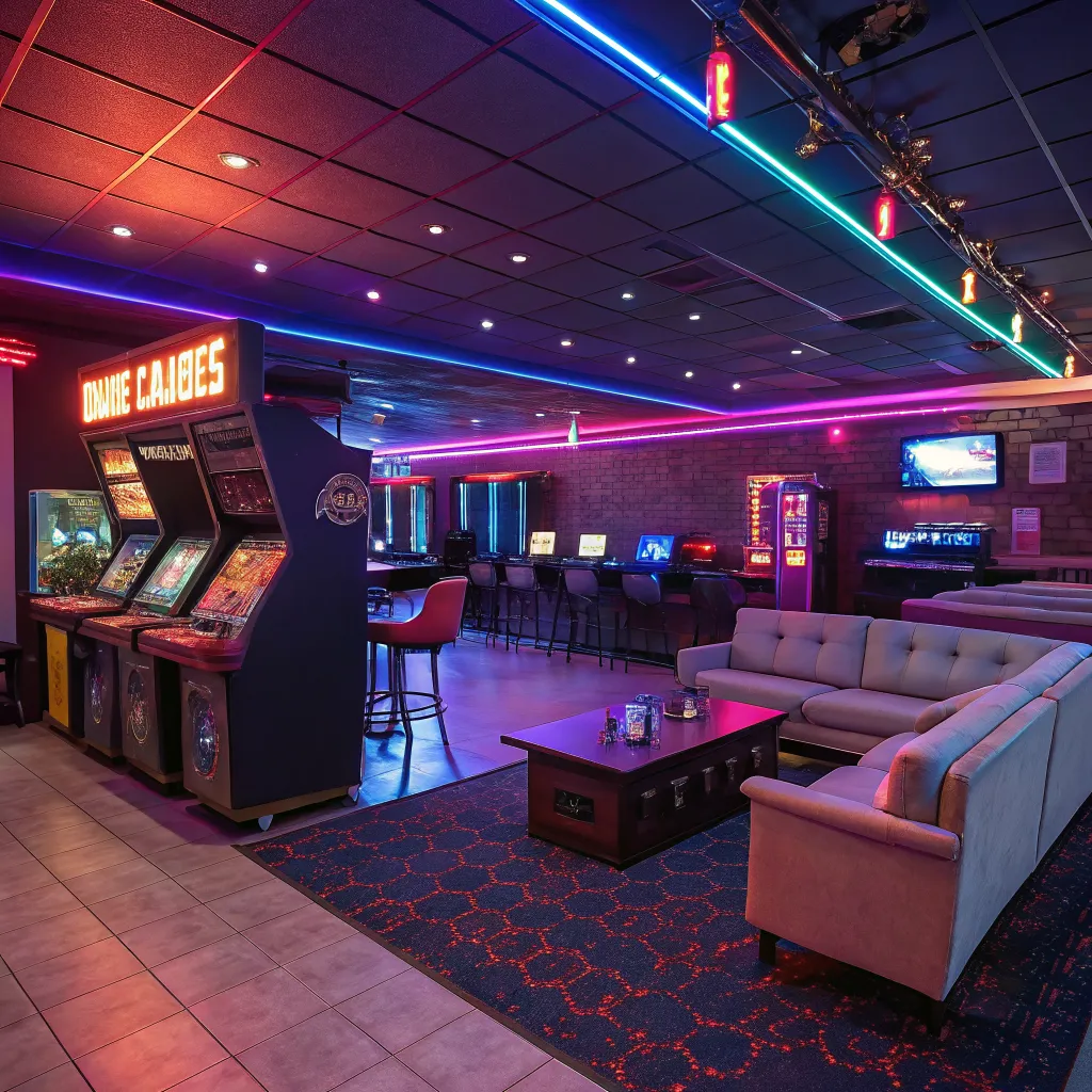 Retro digital entertainment lounge interior with neon lights and gaming stations